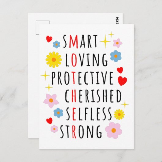 Moeder: Cute list of adjectives making a acronym Briefkaart (Voorkant / Achterkant)