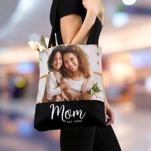 Moeder Datum Wit Schrift Foto op Zwart Tote Bag