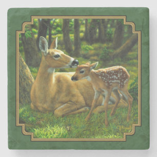 Moeder Deer en Fawn Forest Green Stenen Onderzetter