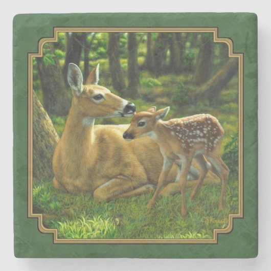Moeder Deer en Fawn Forest Green Stenen Onderzetter (Voorkant)