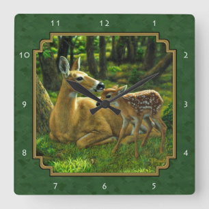 Moeder Deer en Fawn Forest Green Vierkante Klok