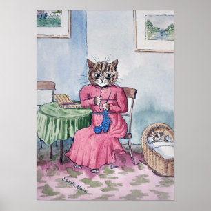 Moeder die breit met kitten in wieg, Louis Wain Poster