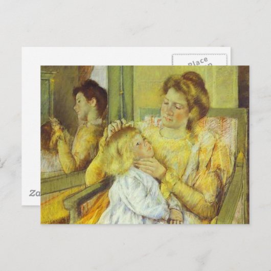 Moeder die haar kinderhaar bedekt. 1901, Mary Cass Briefkaart (Voorkant / Achterkant)