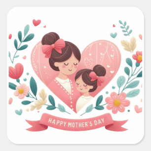 Moeder & Dochter Bloemhart - Gelukkige Moederdag Vierkante Sticker