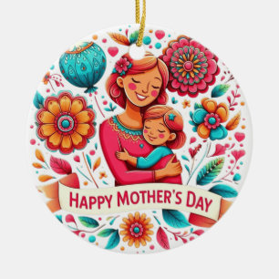 Moeder & Dochter Knuffelen Bloemend Moederdag Keramisch Ornament