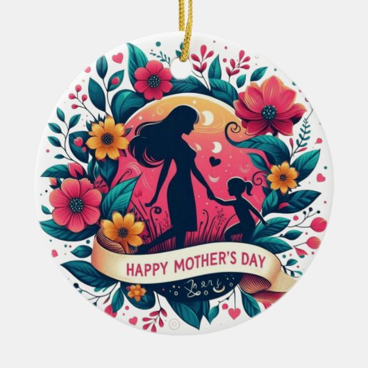 Moeder & Dochter Silhouet Bloemen Moederdag Keramisch Ornament (Voorkant)