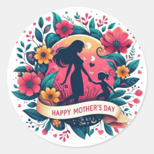 Moeder & Dochter Silhouet Bloemen Moederdag Ronde Sticker
