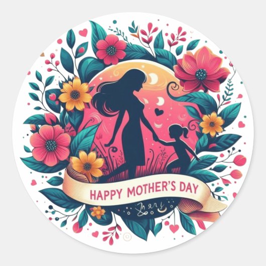 Moeder & Dochter Silhouet Bloemen Moederdag Ronde Sticker (Voorkant)