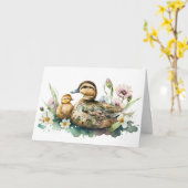 Moeder Duck en Ducking Waterverf Kaart (Gele Bloem)