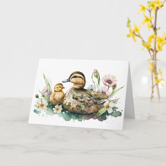 Moeder Duck en Ducking Waterverf Kaart (Gele Bloem)