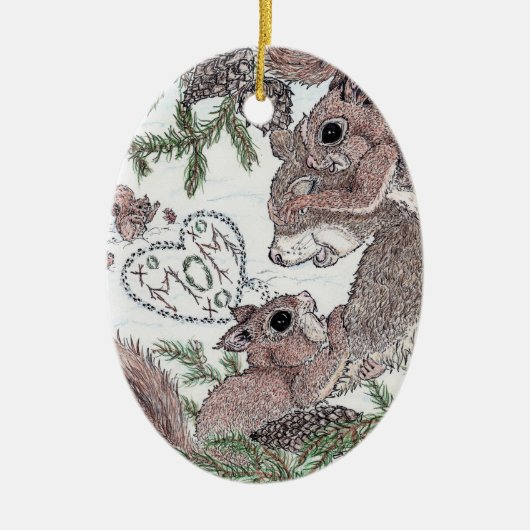 Moeder eekhoorn en kits keramisch ornament (Voorkant)