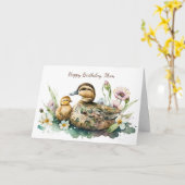 Moeder Eend en Eendje Verjaardag Kaart (Gele Bloem)