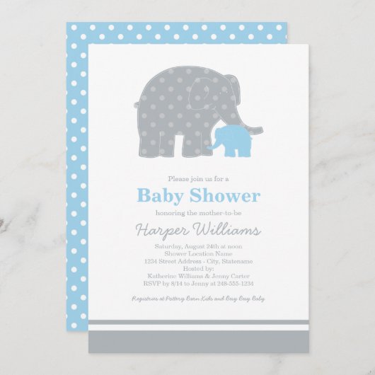 Moeder Elephant Blue Grey Stippen Baby shower Kaart (Voorkant / Achterkant)
