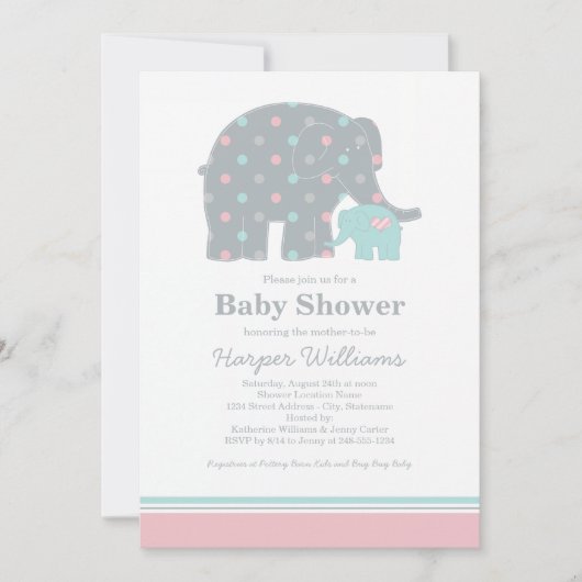 Moeder Elephant Pink en Aqua Stippen Baby shower Kaart (Voorkant)