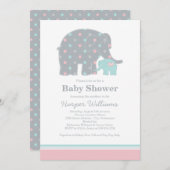 Moeder Elephant Pink en Aqua Stippen Baby shower Kaart (Voorkant / Achterkant)
