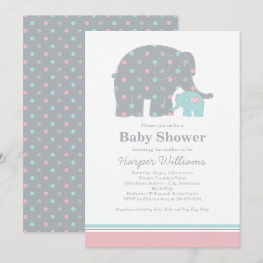 Moeder Elephant Pink en Aqua Stippen Baby shower Kaart (Voorkant / Achterkant)