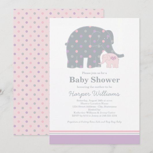 Moeder Elephant Roze en Paarse Stippen Baby shower Kaart (Voorkant / Achterkant)