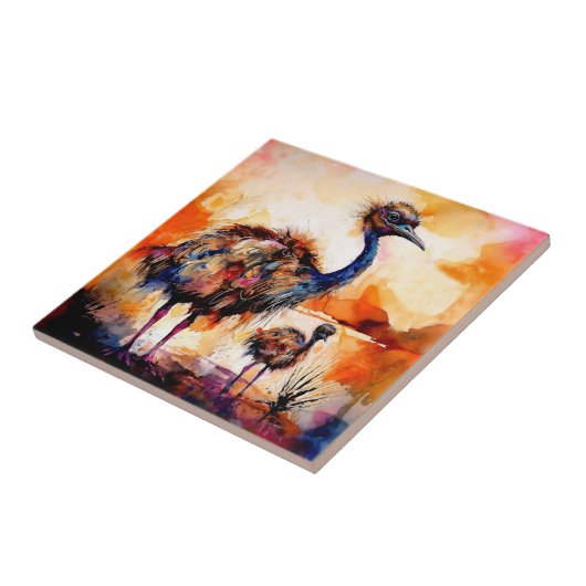 Moeder Emu en Chick in Outback Australië Tegeltje (Zijkant)