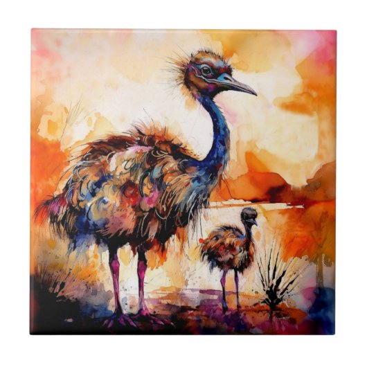 Moeder Emu en Kuiken in Outback Australië Tegeltje (Voorkant)