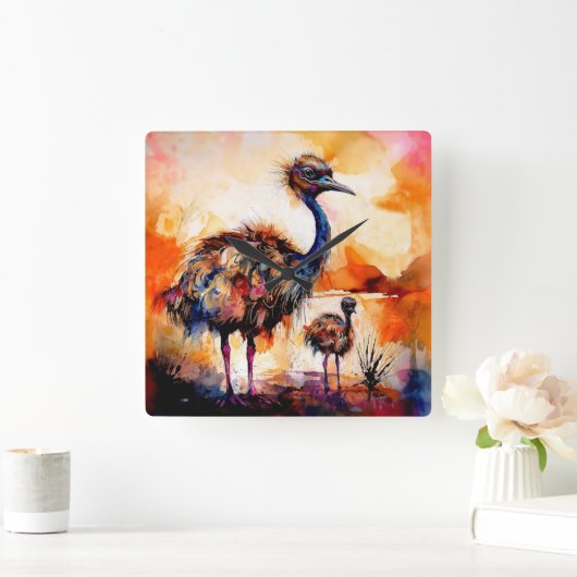 Moeder Emu en kuiken in Outback Australië Vierkante Klok (Huis)