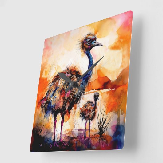 Moeder Emu en kuiken in Outback Australië Vierkante Klok (Hoek)