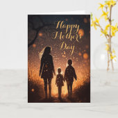 Moeder en 2 kinderen op zonsondergang, Moederdag K Kaart (Gele Bloem)