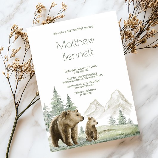 Moeder en baby beer waterverf bosuitnodiging kaart