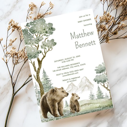 Moeder en baby beer waterverf bosuitnodiging kaart