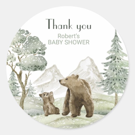 Moeder en baby beer waterverf bosuitnodiging ronde sticker (Voorkant)