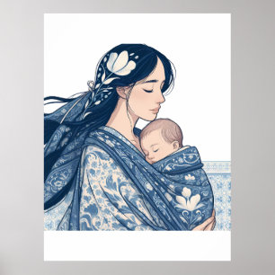 Moeder en Baby – Blauwe Bloemige Omarming Kunst Poster
