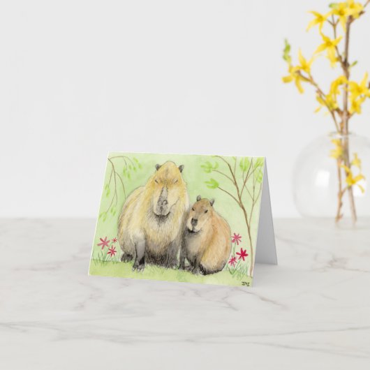 Moeder en Baby Capybara Kaart (Gele Bloem)