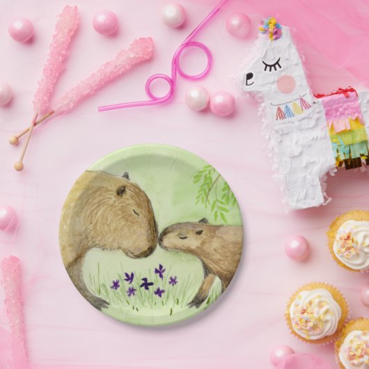 Moeder en Baby Capybara Papieren Bordje (Feest)