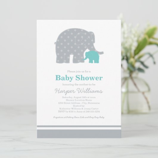 Moeder en Baby Elephant Shower Aqua Blue en Grey Kaart (Staand voorkant)