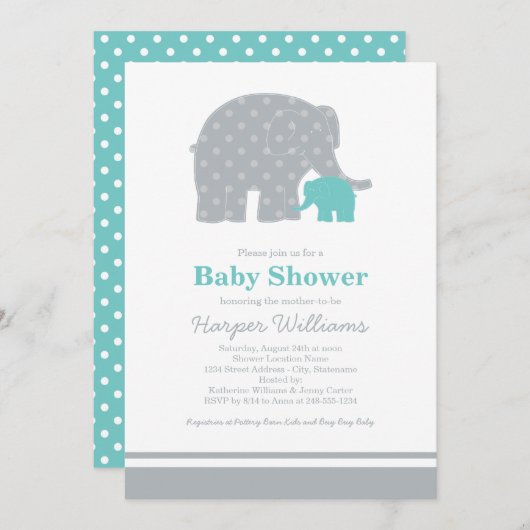 Moeder en Baby Elephant Shower Aqua Blue en Grey Kaart (Voorkant / Achterkant)
