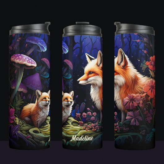 Moeder en baby fox nachtscène thermosbeker