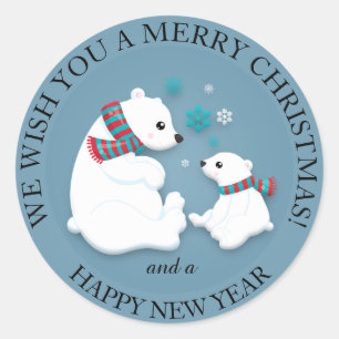 Moeder en baby ijsbeer vrolijk kerstfeest ronde sticker