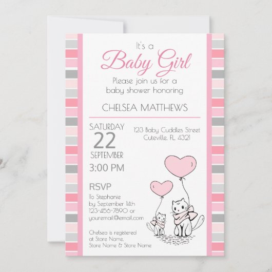 Moeder en Baby Kat met hartenuitnodiging Kaart (Voorkant)