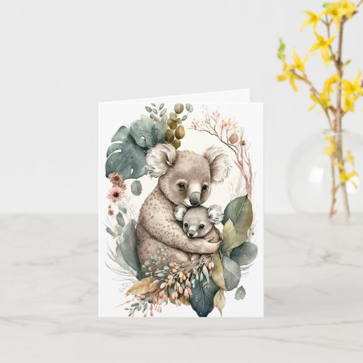 Moeder en Baby Koala Illustratie Wenskaart Kaart (Gele Bloem)