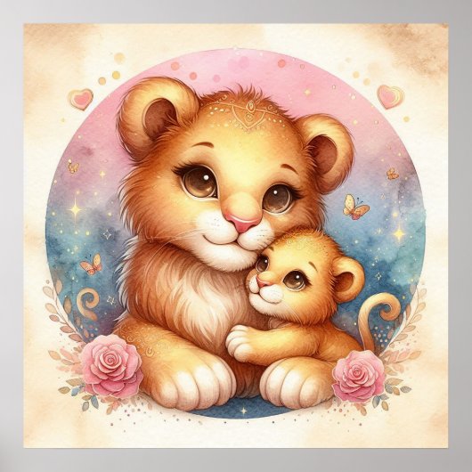 Moeder en Baby Leeuw Poster (Voorkant)