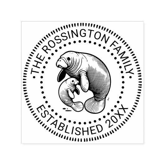 Moeder en Baby Manatee Familienaam Datum Estd N Zelfinktende Stempel (Design)