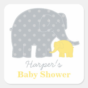 Moeder en Baby Olifant Douche Geel en Grijs Vierkante Sticker