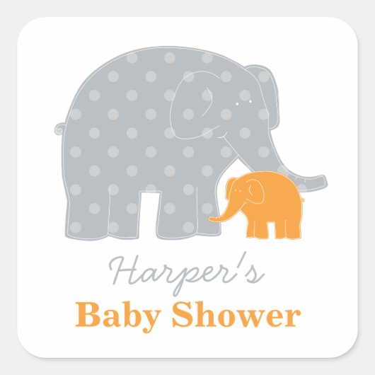 Moeder en Baby Olifant Douche Sinaasappel en Grijs Vierkante Sticker (Voorkant)