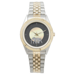 Moeder en baby olifant in de ondergaande zon horloge