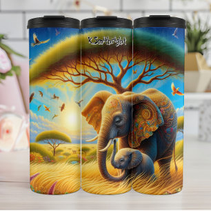 Moeder en Baby olifant in de savanne Thermosbeker