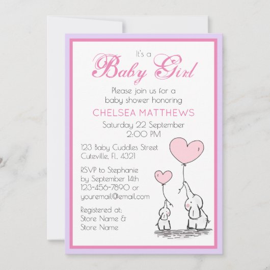 Moeder en Baby Olifant met hart ballonnen meisje Kaart (Voorkant)