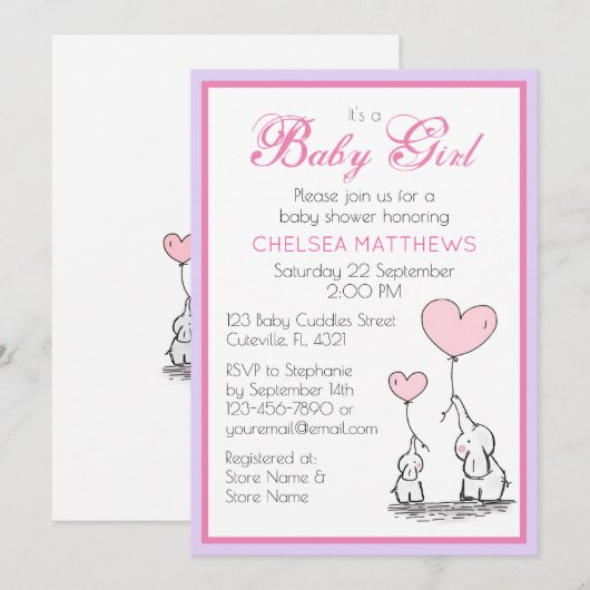 Moeder en Baby Olifant met hart ballonnen meisje Kaart (Voorkant / Achterkant)