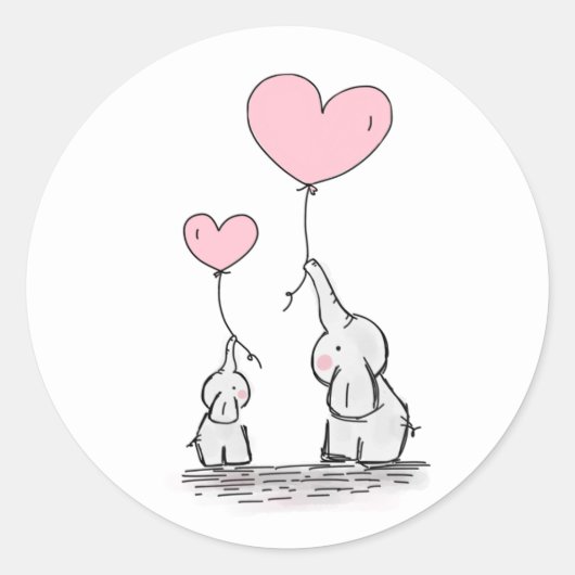 Moeder en Baby Olifant met Hartballonnen Ronde Sticker (Voorkant)