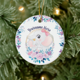 Moeder en baby olifant roze bloemenguirlande keramisch ornament