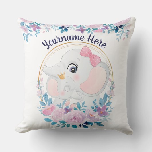 Moeder en baby olifant roze bloemenguirlande kussen (Voorkant)