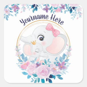 Moeder en Baby olifant Roze Blush Flower Wreater Vierkante Sticker